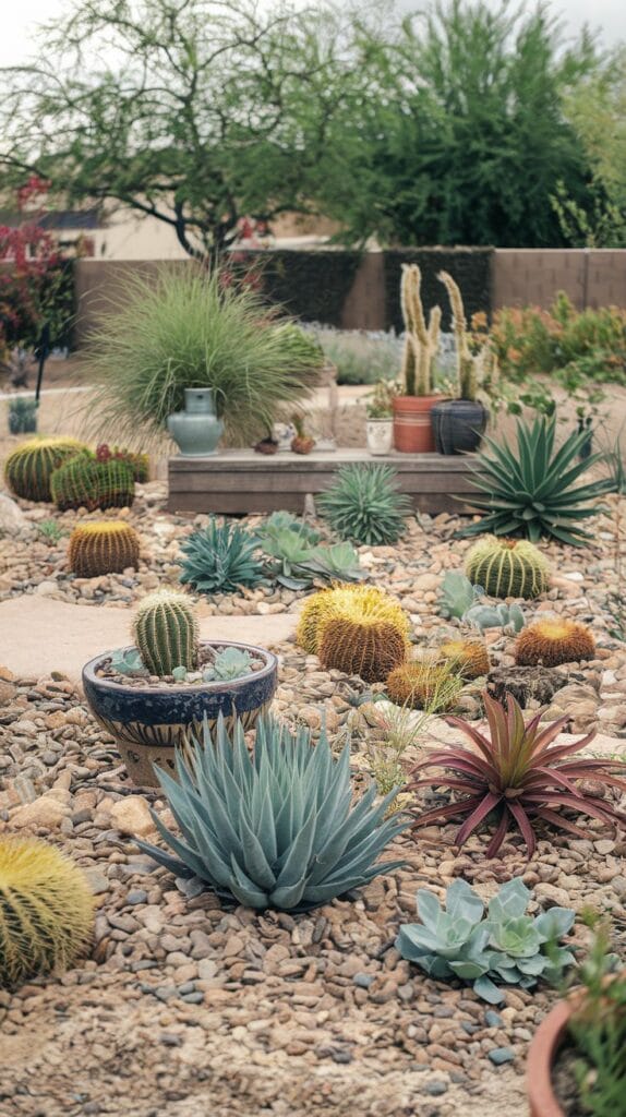 Backyard garden with drought-resistant plants and succulents.