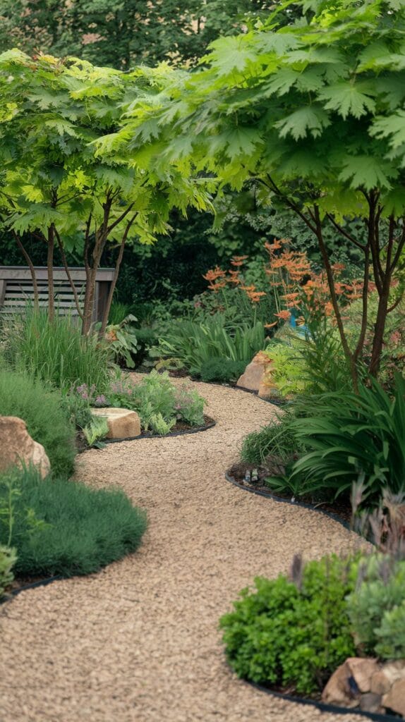 Gravel or stone pathway through a lush garden.