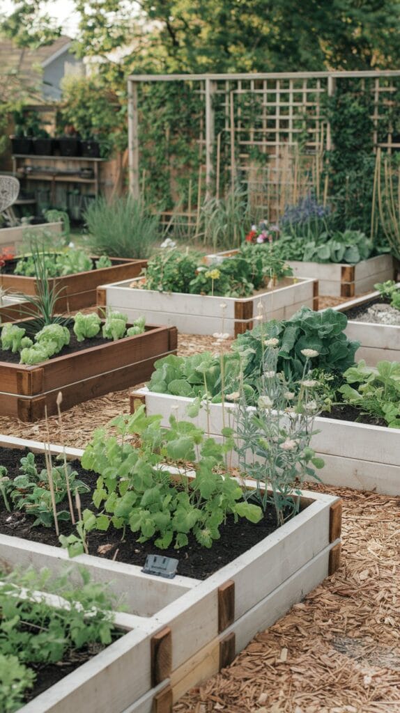 Raised garden beds with plants, vegetables, and flowers.