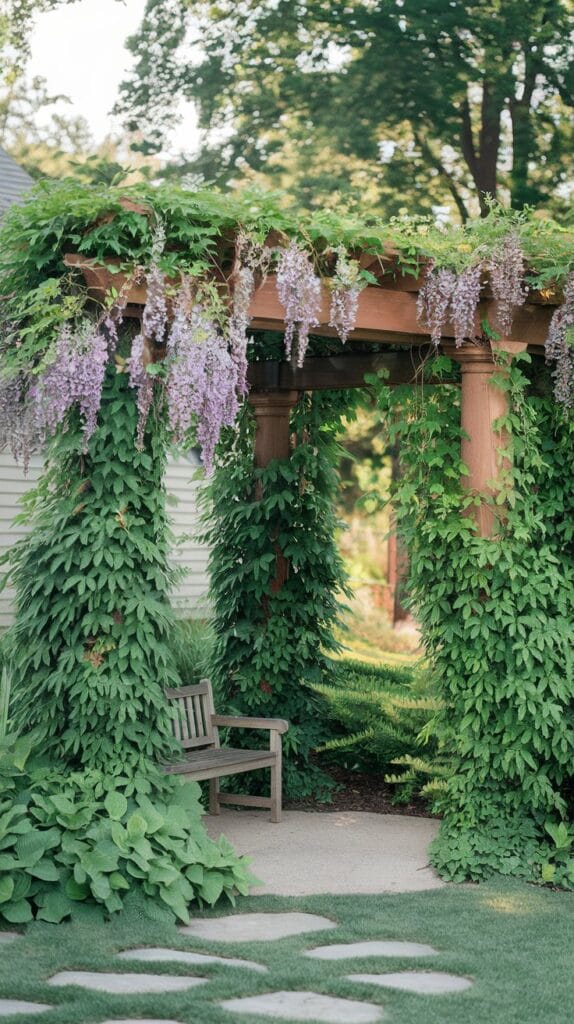 Pergola with climbing plants like ivy and wisteria.