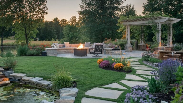 Beautiful backyard landscaping with a fire pit, pond, flower beds, and pergola.