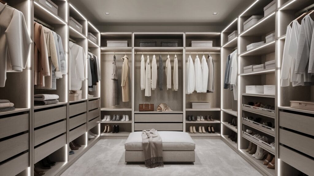 A modern walk-in closet with organized shelves, drawers, and LED lighting.