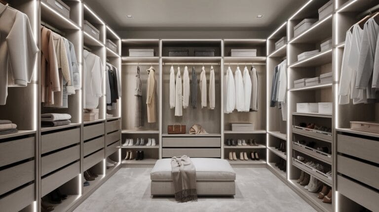A modern walk-in closet with organized shelves, drawers, and LED lighting.
