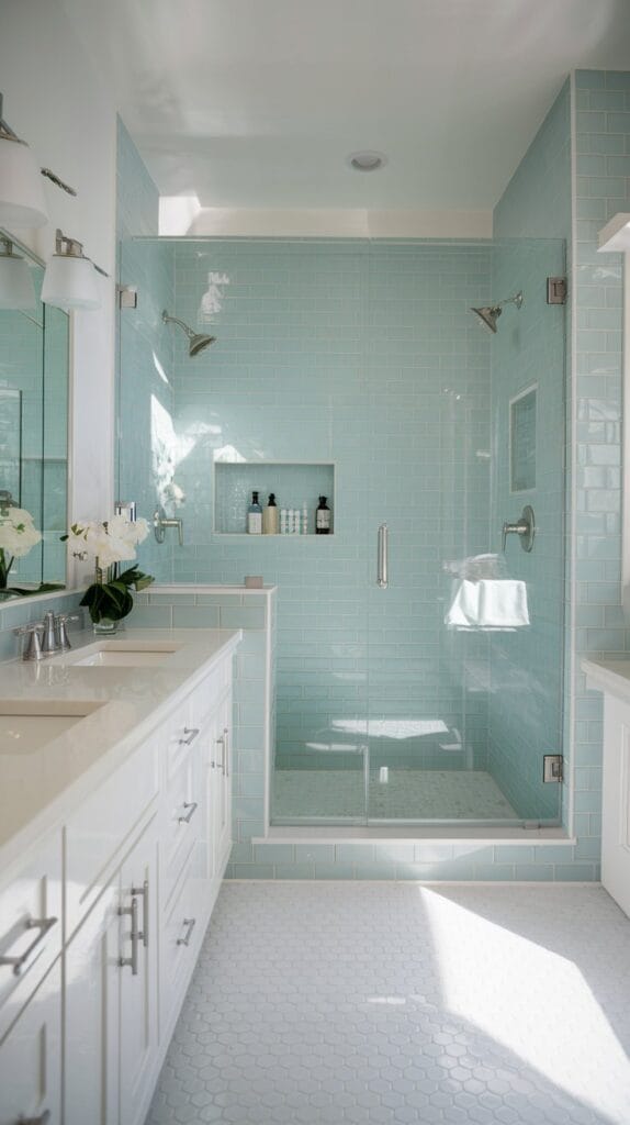 A bathroom with sky blue subway tiles, white countertops, and silver fixtures.