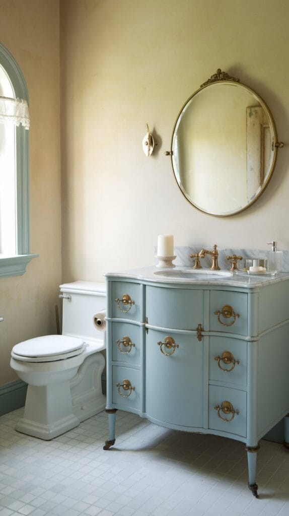 A stylish bathroom with a powder blue vanity, brass hardware, and a marble countertop.