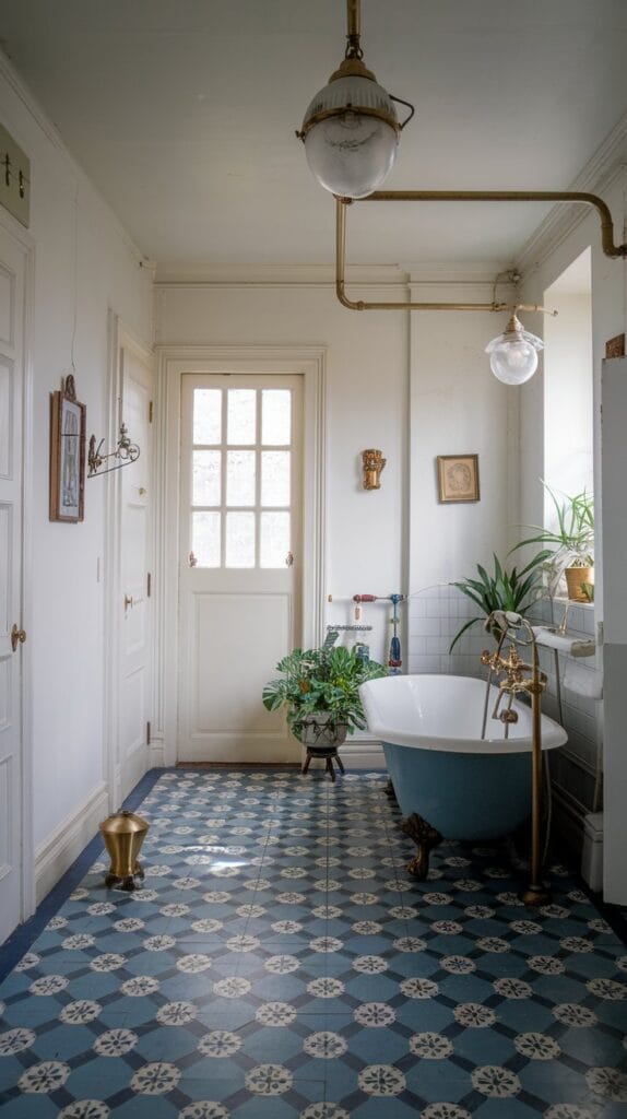 A bathroom with blue and white patterned floor tiles and a white clawfoot tub.