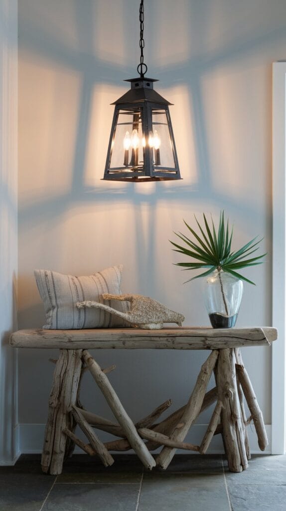 A lantern-style pendant light illuminating a coastal entryway.