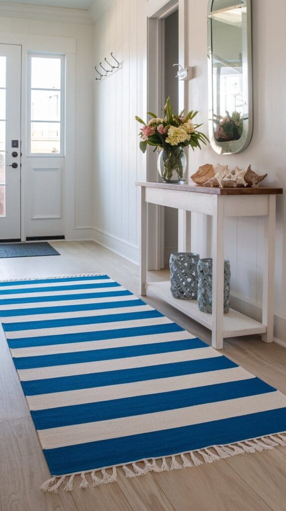 A blue and white striped rug in a coastal entryway with light wood flooring and nautical decor.