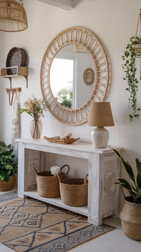A large round rattan mirror above a console table in a coastal entryway.