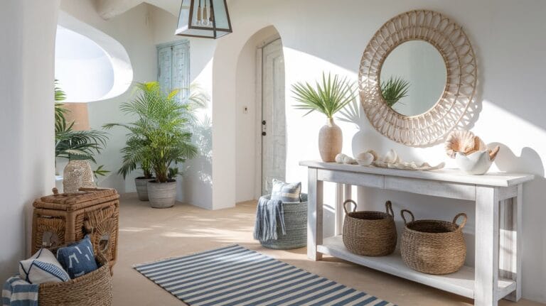 A bright and airy coastal entryway with a whitewashed console table, woven baskets, seashell decor, a round rattan mirror, and a striped rug.