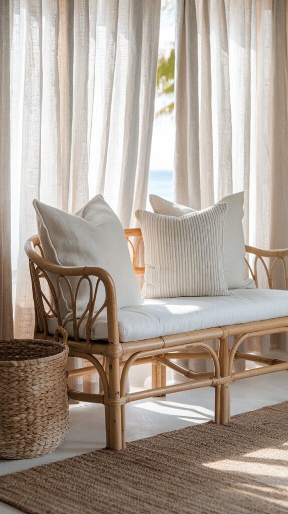 A rattan bench with white cushions in a sunlit coastal entryway.