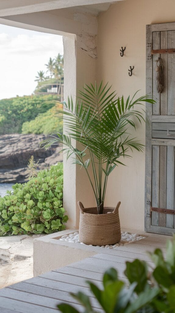 A potted palm tree in a woven basket in a bright coastal entryway.