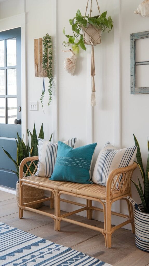 A rattan bench with ocean-hued pillows in a coastal entryway.