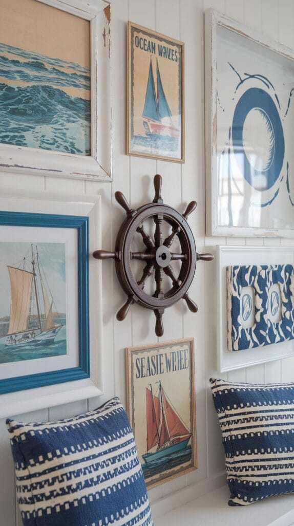 A coastal entryway with nautical wall art, including sailboat prints and ocean wave paintings.