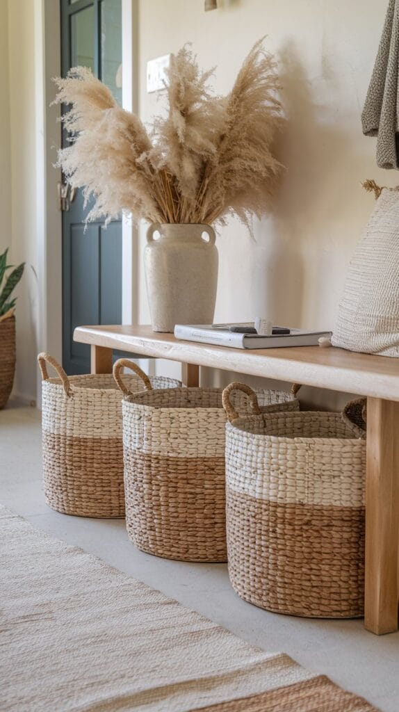 Woven rattan storage baskets neatly placed under a wooden bench in a coastal-style entryway.