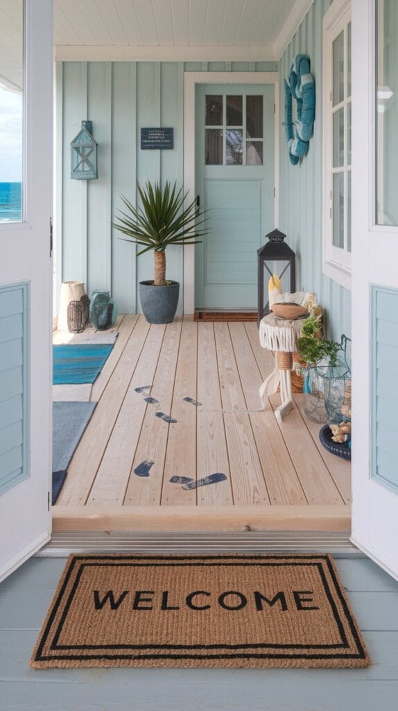 A woven jute doormat with "Welcome" text in a coastal entryway.