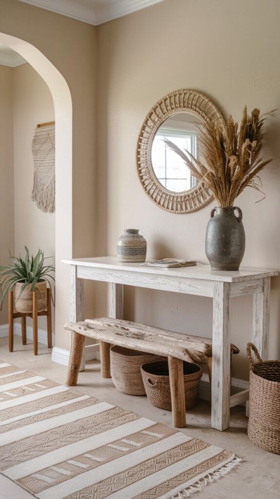 A whitewashed console table and driftwood bench in a coastal entryway with soft beachy decor.
