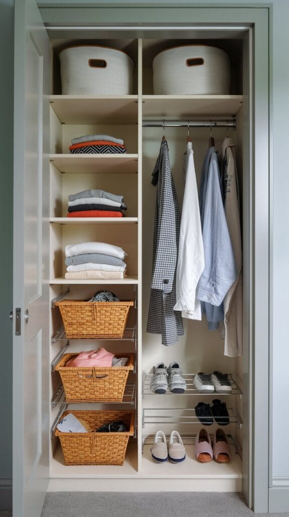 A small closet with built-in shelves for optimized storage.