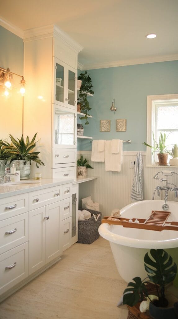 A bathroom with soft pastel blue walls, white cabinetry, and silver fixtures.