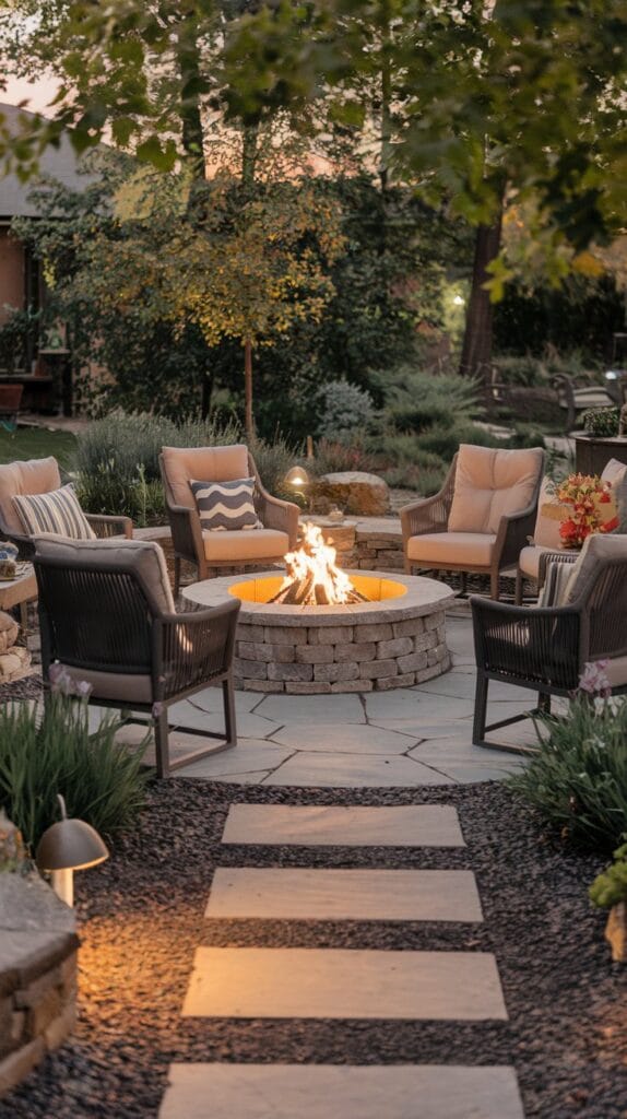 Cozy fire pit area with comfortable seating and outdoor lighting.