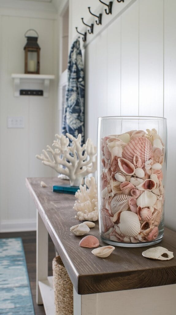  A wooden console table with seashell and coral decor in a beach-inspired entryway.