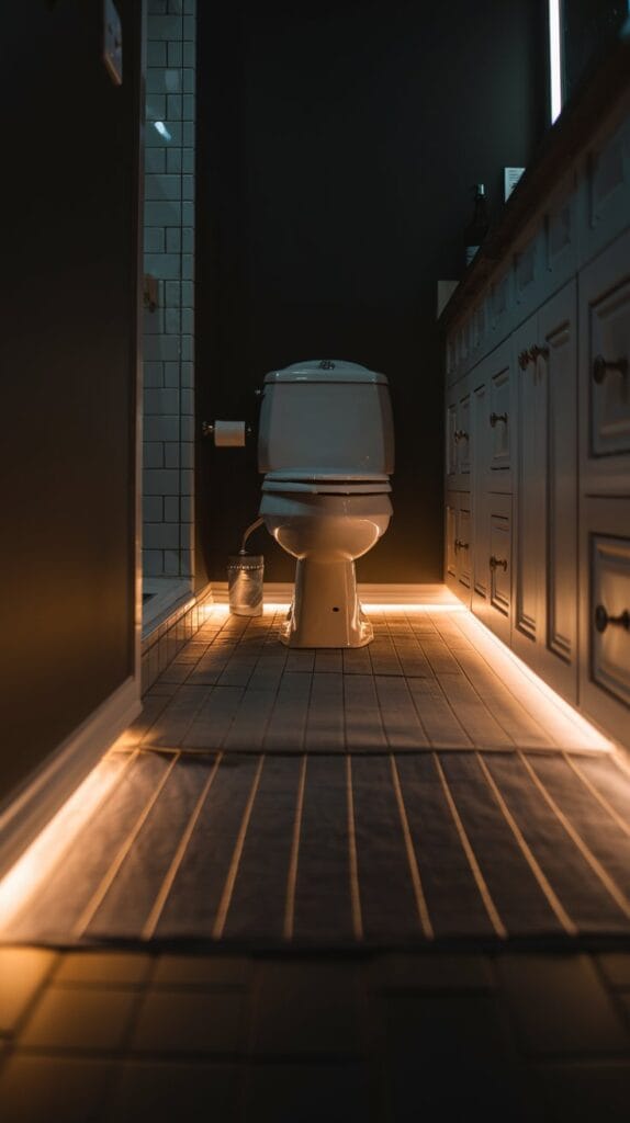 Darkened bathroom with subtle amber motion-sensor lights illuminating pathway to fixtures