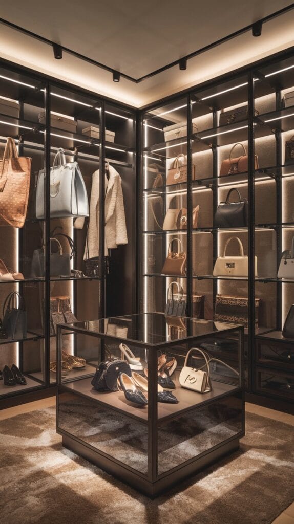 A luxurious boutique-style closet with elegant lighting.