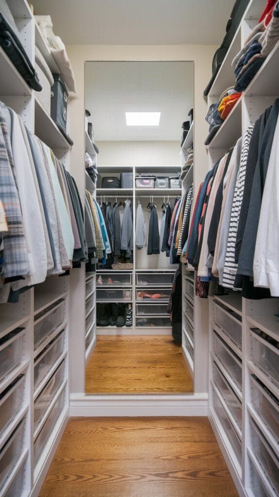 A closet with double-hanging rods for extra storage capacity.