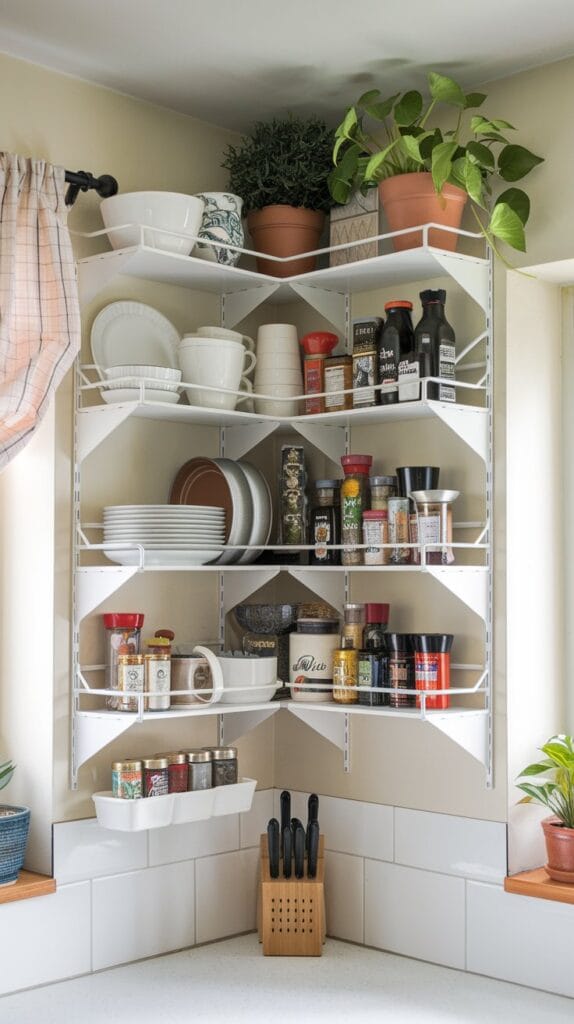 Corner shelf organizers maximizing kitchen storage space.