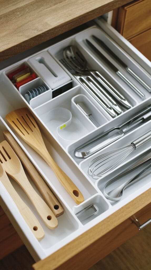Kitchen drawer with dividers for organized storage.
