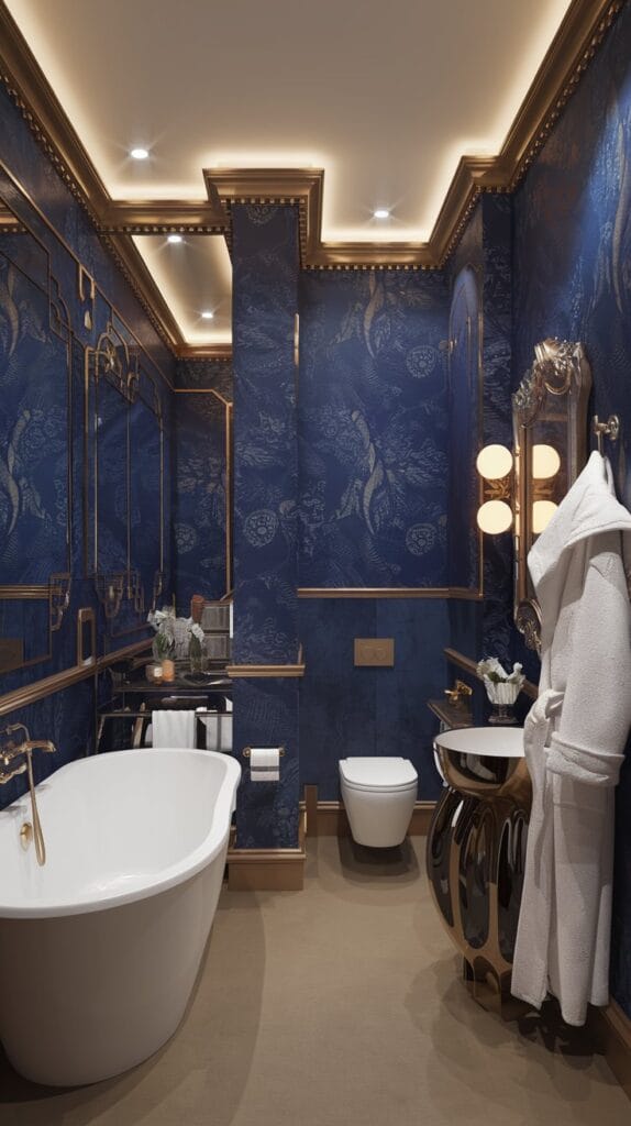 A bathroom with deep blue patterned wallpaper, gold accents, and a vintage mirror.