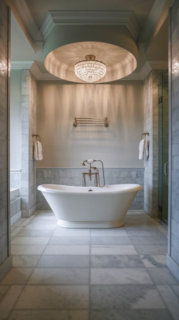 Luxury bathroom featuring crystal chandelier positioned above freestanding white bathtub