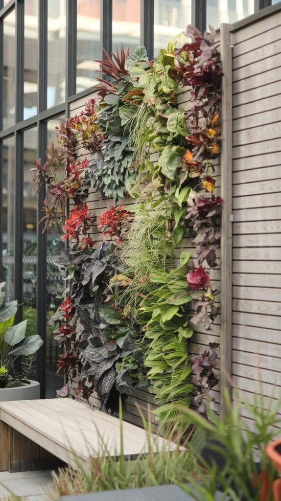 Vertical garden wall with lush greenery and wooden frames.