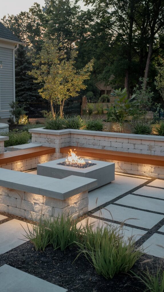 Built-in seating area with stone benches and outdoor lighting.