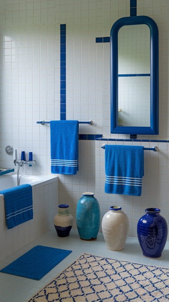 A bathroom with blue-themed decor, including towels, vases, and a mirror frame.