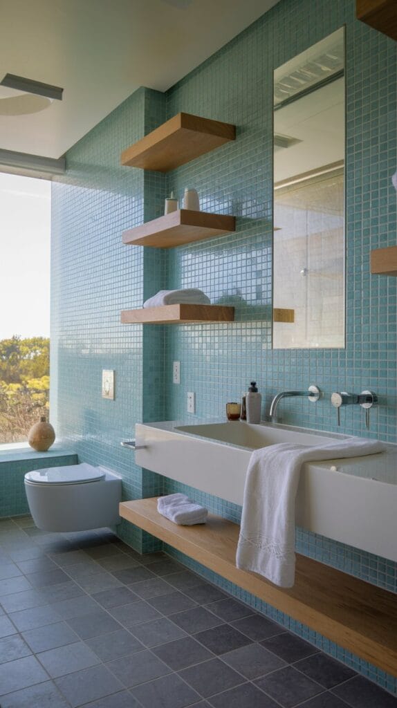 A bathroom with a turquoise mosaic tile backsplash and minimalist white fixtures.