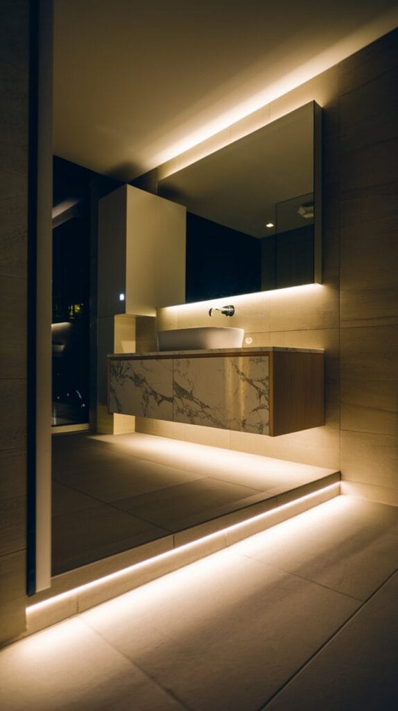Modern bathroom with LED strip lights under floating vanity creating subtle illumination