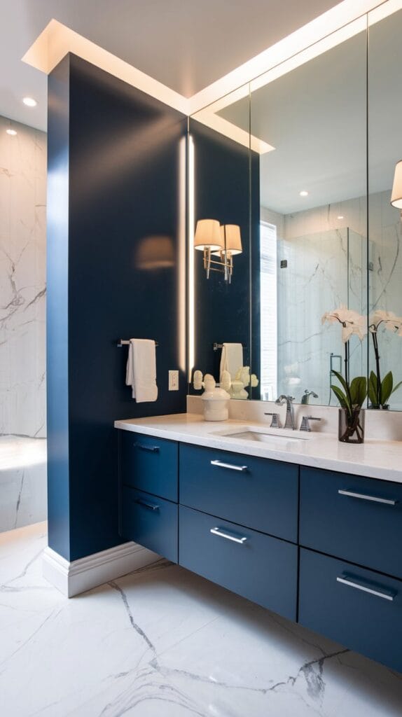A modern bathroom with a navy blue accent wall, white fixtures, and elegant lighting.