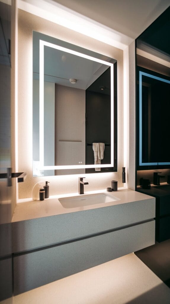 Modern bathroom vanity with LED strip lights surrounding mirror for even illumination