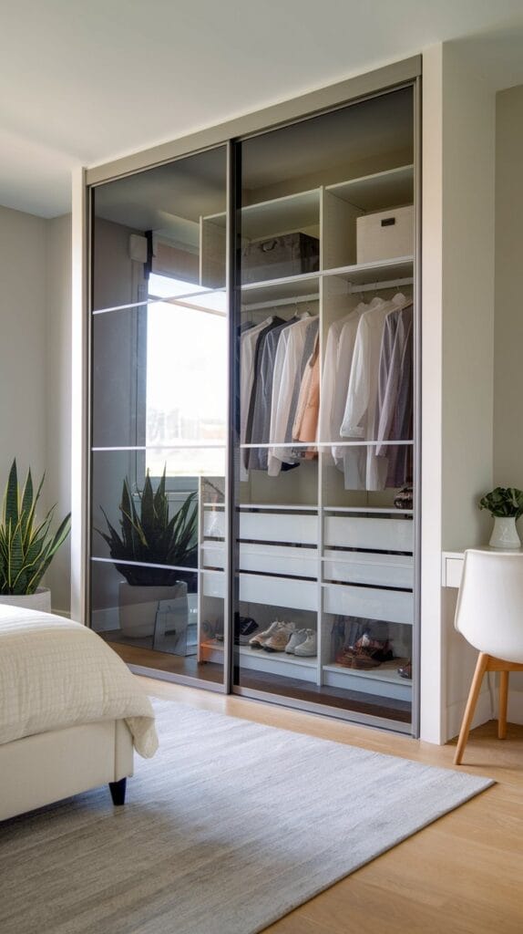 A modern closet with sliding mirror doors for style and function.