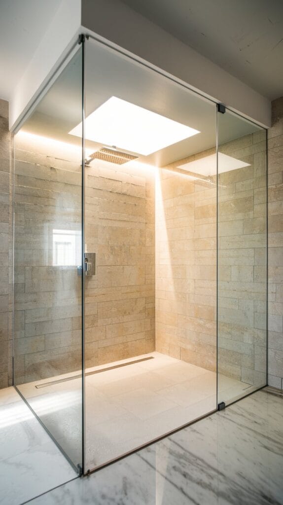 Glass shower enclosure with recessed waterproof LED lights providing bright illumination