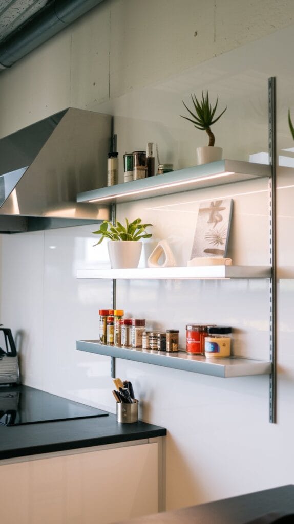 Minimalistic kitchen with practical wall-mounted shelves for extra storage.