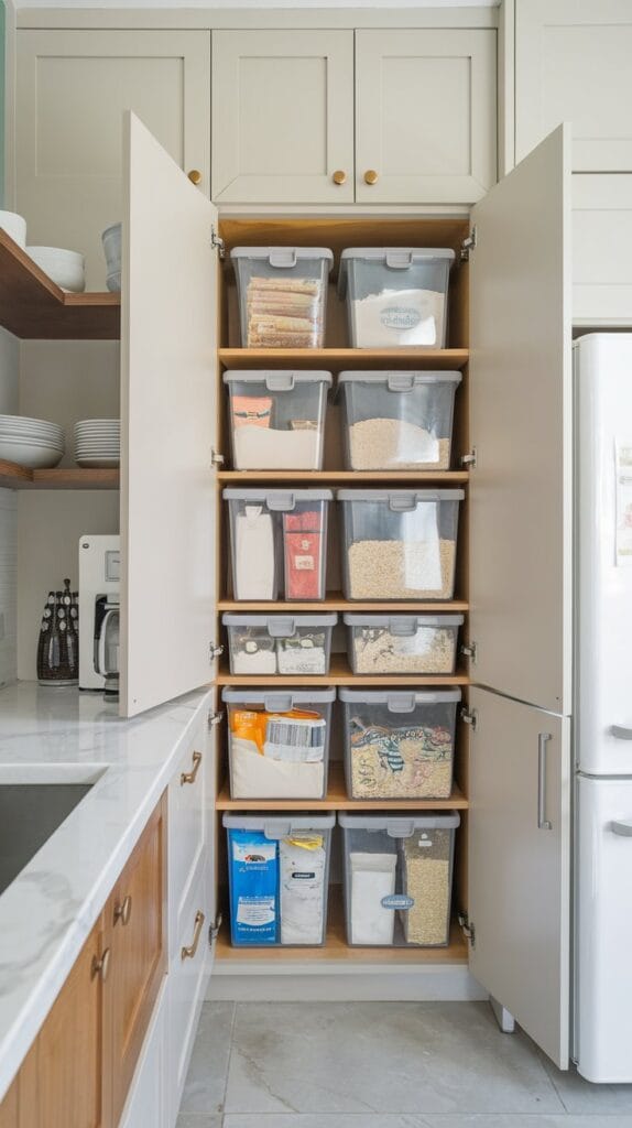 Stackable storage bins organizing pantry essentials in the kitchen.