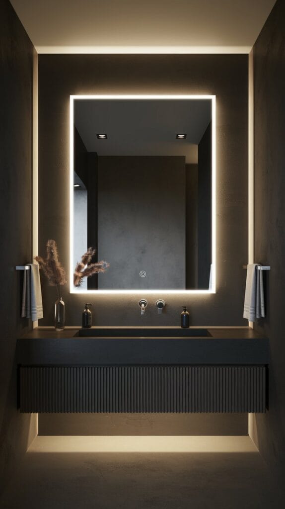 Modern bathroom featuring floating backlit mirror with halo effect against dark wall