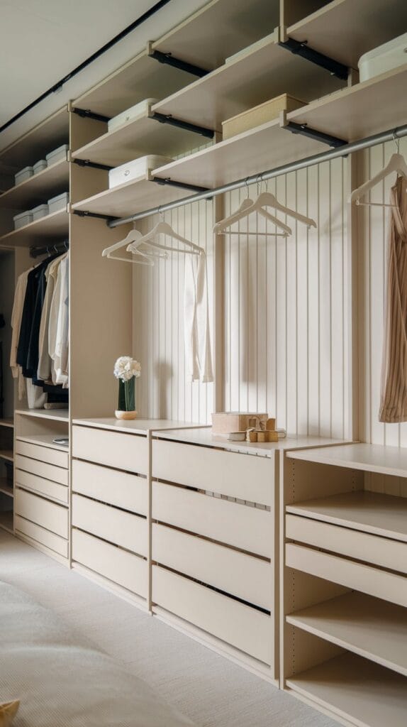 A modular closet with adjustable shelves and drawers.