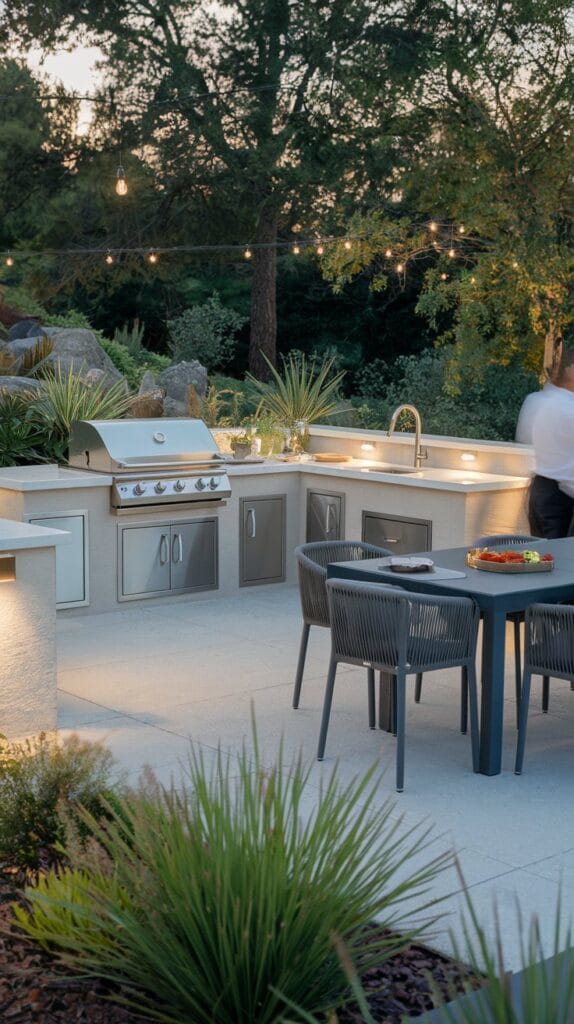 Outdoor kitchen with BBQ grill, countertop, and seating.