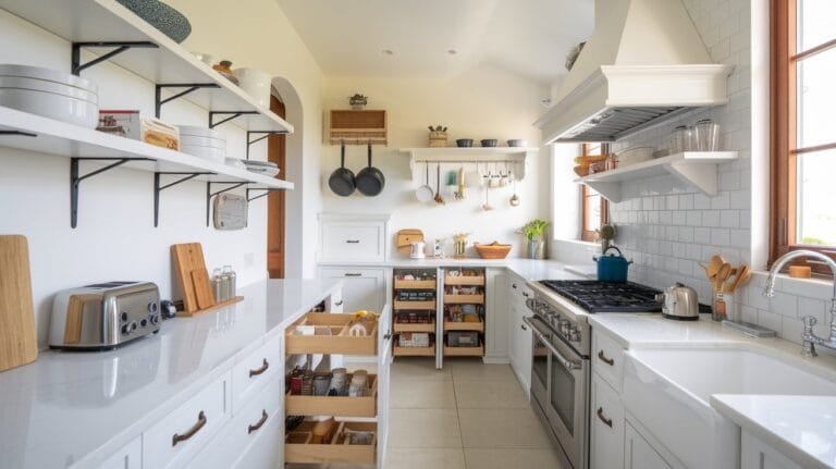 Stylish kitchen with creative storage ideas to maximize space and reduce clutter.