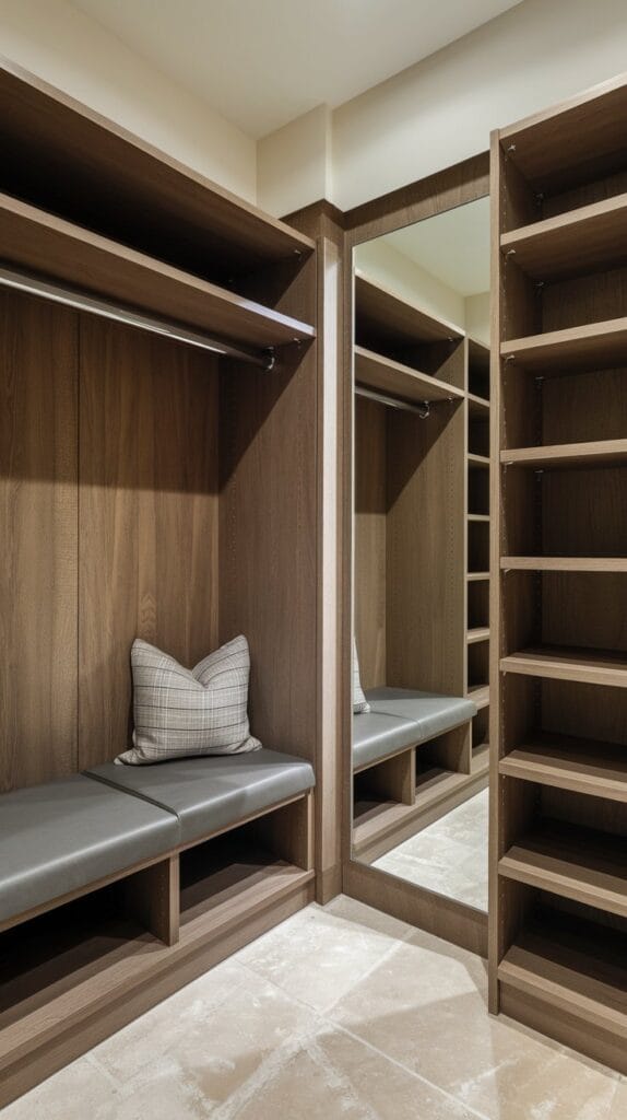 A functional closet with built-in seating and smart storage.