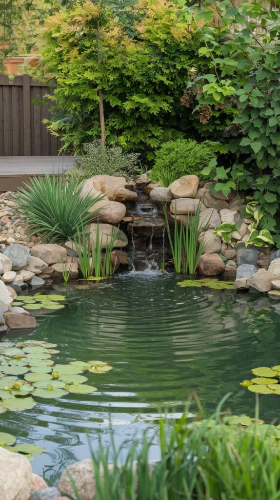 Small pond with rocks and water plants in a backyard.