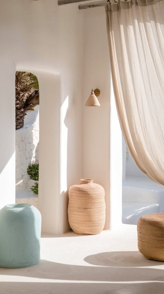 A bright coastal entryway with soft white, pastel blue, and sandy beige tones, featuring minimalist furniture and natural light.